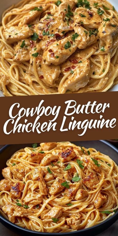 🧈🍝 Cowboy Butter Chicken Linguine is the ultimate twist on pasta night! Creamy, buttery linguine with savory chicken and a hint of spice makes this dish an unforgettable meal. Easy to make and full of flavor, it’s perfect for cozy evenings or weekend dinners. 🌶️ Elevate your pasta game and impress with this bold and delicious recipe! #CowboyButterChicken #PastaNight #EasyDinner #ComfortFood #ChickenRecipes Cowboy Butter Sauce, Chicken Linguine, Cowboy Butter, Linguine Recipes, Creamy Pasta Dishes, Creamy Chicken Pasta, Easy Pasta Dishes, Pasta Night, Easy One Pot Meals