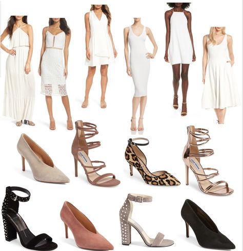 What shoes to wear with a little white dress What Type Of Shoes To Wear With Dresses, Brown Dress White Heels, Shoes With White Dress What Color, What Footwear To Wear With Dresses, White Dress Shoes Outfit, Chic Off White Heels For Party, White Dress Shoes For Spring Party, Shoes To Wear With White Dress, Off White Heels For Summer Evening