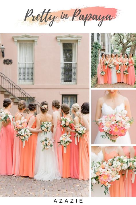 Sunset Wedding Colors, Papaya Bridesmaid Dresses, Papaya Color, Coral Wedding Themes, Coral Wedding Colors, Orange And Pink Wedding, Peach Bridesmaid, Peach Bridesmaid Dresses, Coral Bridesmaid