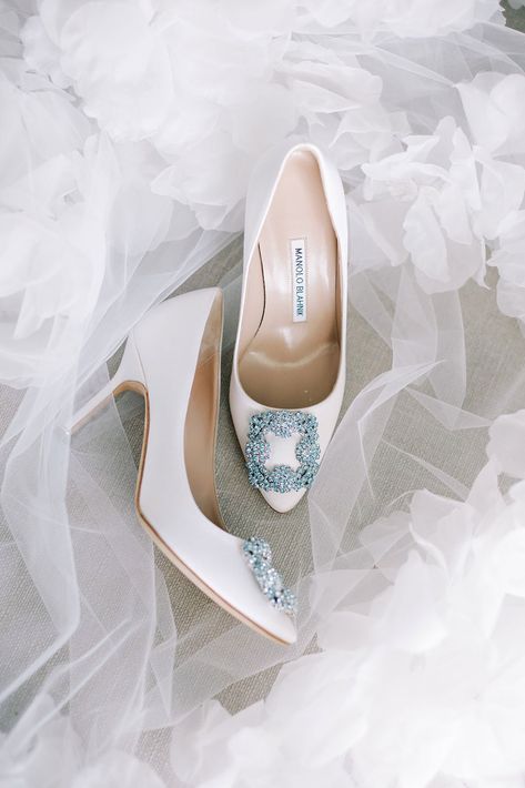 White and Blue Manolo Blahnik Wedding Shoes Bride Manolo Blahnik, Manolo Bridal Shoes, Light Blue Manolo Blahnik Shoes, Manolo Blahnik Heels Wedding, Manolo Blahnik Bridal Shoes, Manolo Blahnik Bridal, Wedding Dress With Blue Shoes, Wedding Shoes Manolo Blahnik, White Manolo Blahnik Wedding Shoes