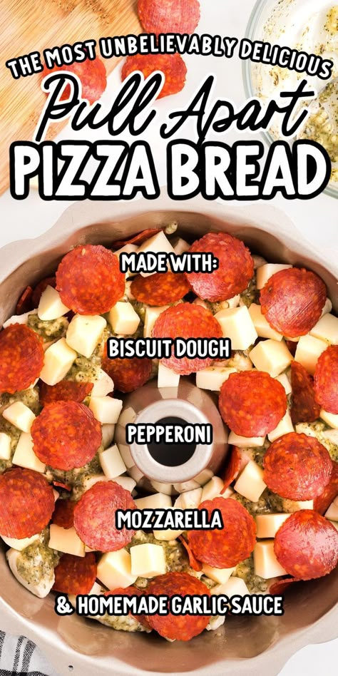 Pepperoni Slices Recipes, Pull Apart Garlic Bread Pizza, Pepperoni And Mozzarella Pull Apart Bread, Pull Apart Pizza Bites With Biscuits, Biscuits And Pepperoni, Pillsbury Biscuit Recipes Pizza, Pizza Like Recipes, Pepperoni Pizza Monkey Bread Pull Apart, Pillsbury Pull Apart Dough Recipes