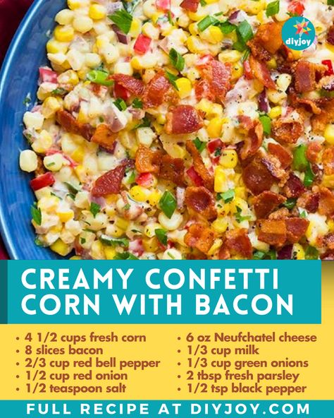 This creamy confetti corn with bacon is sweet, savory, and creamy – the perfect side dish. It's easy to make and ready in just a few minutes. Corn With Bacon Recipes, Creamed Corn With Bacon, Bacon Corn Pasta, Cheesy Bacon Corn Dip, Creamy Confetti Corn With Bacon, Confetti Corn, Corn With Bacon, Canned Corn Recipes, Pecan Pie Recipe Southern