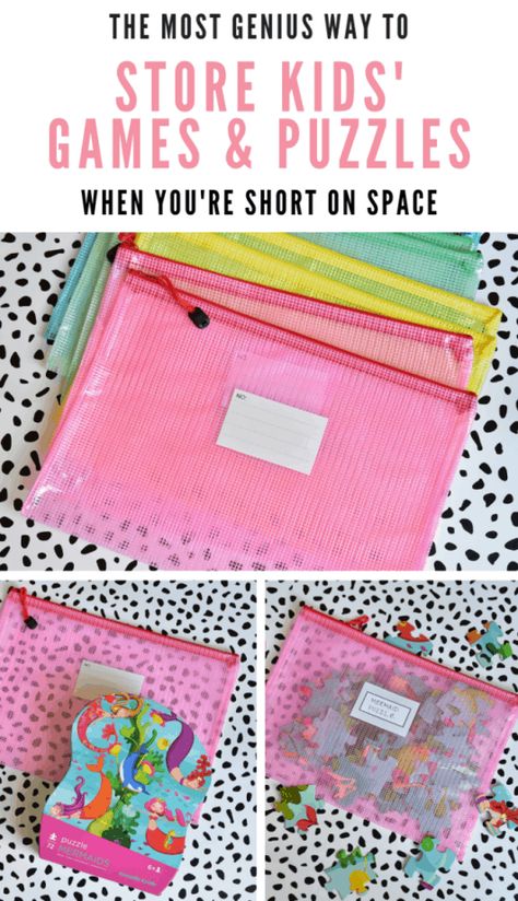 Wow -- this small-space organizing idea is totally genius! Great idea on how to store kids games and puzzles. #organization #getorganized #kidstoys #playroom #toystorage Kids Puzzle Storage Ideas, Toddler Puzzle Storage, How To Store Puzzles, Organizing Games And Puzzles, Puzzle Storage Kids, Puzzle Organization Kids, Kids Puzzle Storage, Organizing Puzzles, Kids Playroom Organization Storage