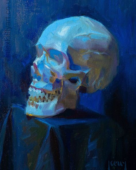 Alex Kelly on Instagram: “Skull in blue light. 8x11”. Oil on canvas. Broke out the pthalo blue for this one. It’s powerful stuff!” Pthalo Blue, Blue Skull, Blue Skulls, Skull Painting, Blue Art, Skull Art, Oil On Canvas, Light Blue, Canvas