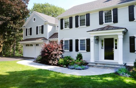 Wayland Colonial - Traditional - Exterior - Boston - by Chace Architecture | Houzz Colonial Stucco Exterior, Colonial House Addition Over Garage, Colonial With Addition Over Garage, Garrison Colonial Garage Addition, Colonial Makeover Exterior, Flat Front Colonial House Exterior, Colonial House Colors, Garrison Colonial Exterior Makeover, Traditional Colonial House Exterior