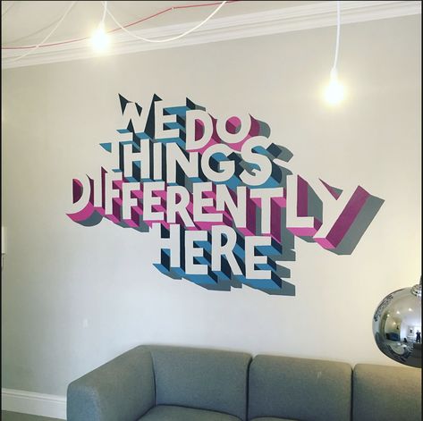 Graphic Designer Office Decor, Wall Murals Quotes, Wall Murals Office Work Spaces, Creative Wall Design Office Art Ideas, Wall Graphics For Office, Creative Office Wall Ideas, Office Wall Branding Ideas, Creative Office Wall Design, Office Murals Workspaces