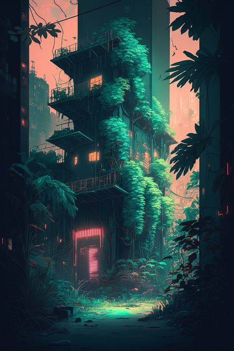 Jungle City Concept Art, Nature Cyberpunk, Cyberpunk Nature, Fantasy Scenarios, Jungle City, Studio Ghibli Poster, Jungle Mural, Acid Art, Joker Artwork