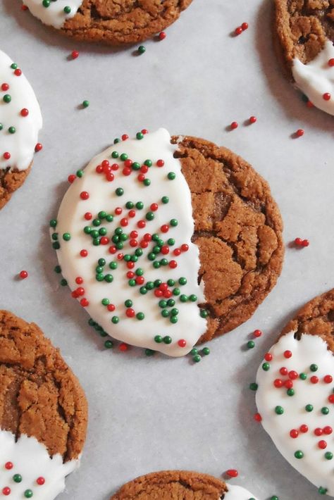 White Chocolate Dipped Chewy Gingerbread Cookies - Jam Hands Spicy Gingerbread Cookies, Classic Spritz Cookies, Recipes Treats, Cookies 2023, Spicy Gingerbread, Chewy Gingerbread Cookies, White Almond Bark, Chocolate Dipped Cookies, Spritz Recipe