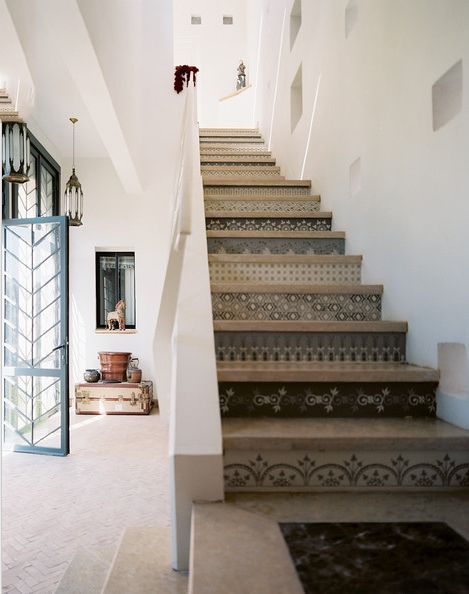 House Envy: A Moroccan Home Tour - lark&linenlark&linen Stenciled Stairs, Wallpaper Stairs, Tile Stairs, Moroccan Homes, Stair Case, Stair Risers, Design Hotel, Style At Home, House Inspiration