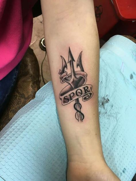 A spin on the SPQR tattoo from heroes of Olympus. Percy Jackson Spqr Tattoo, Tatuagem Percy Jackson, Spqr Tattoo, Percy Jackson Tattoo, Poseidon Tattoo, Panda Tattoo, Fav Books, Ink Inspiration, Tattoo Style Drawings