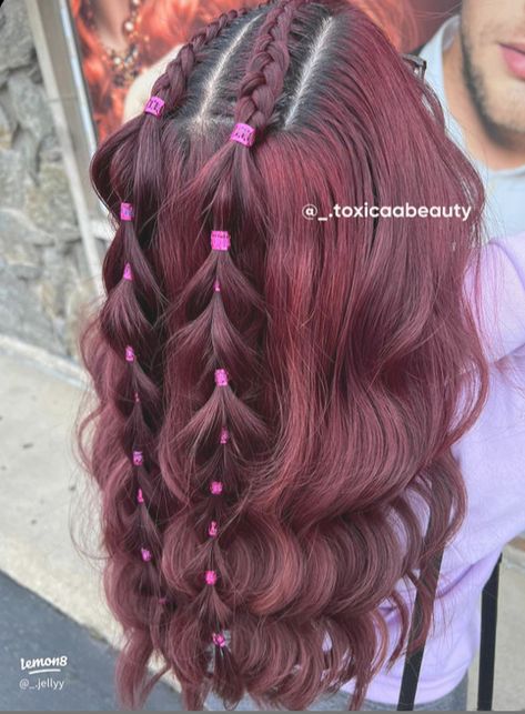 Half Up Half Down With Beads, Cute Hair For Homecoming, Home Coming Hair Styles For Medium Hair, Half Braided Half Down Hairstyles, Half Up Half Down Rave Hair, Edgy Half Up Half Down Hair, Braids Hairstyles Half Up Half Down, Party Hairstyles For Medium Hair Night, Snowball Hairstyles