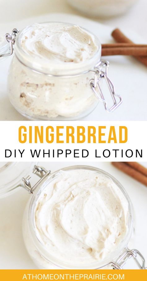 This recipe for DIY gingerbread body lotion is easy and smells delicious and perfect for Christmas time! There is nothing like slathering some homemade whipped body butter on your hands in the dry months. Made with coconut oil and shea butter. Body Butter Recipe Whipped, Homemade Whipped Body Butter, Body Lotion Recipes, Diy Body Butter Recipes, Homemade Lotion Recipe, Diy Gingerbread, Whipped Lotion, Homemade Body Butter, Diy Body Butter