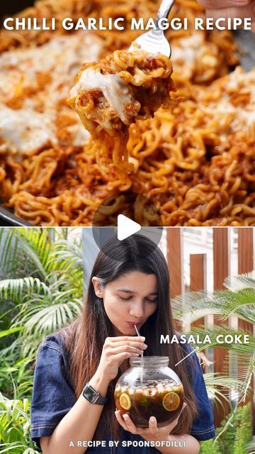 Spoons of Dilli on Instagram: "•CHILLI GARLIC MAGGI WITH MASALA COKE RECIPE•😍
Finding a perfect snack combo for your hot summer evenings? Here’s how you can make the TASTIEST Maggi coupled with refreshing chilled coke is a pure heaven!🫠🤤

For Chilli garlic maggi-
Boil 3 packets of maggi noodles
In a bowl, add-
Maggi masala
Chilli flakes-  1 Tbsp
Pizza seasoning- 1 Tbsp
Finely chopped garlic- 1 Tbsp
Red chilli powder- 1 Tbsp
Water as required to make a paste

In a pan-
Oil- 1 Tbsp
Sesame seeds- 1 Tbsp
Cheese slices (Optional)

For Masala coke-
Ice as required
Chaat masala 
Black salt
Some slices of lemon
Roasted cumin powder (just roast some jeera in pan and crush it!)
Some fresh mint leaves (Pudhina)
Chilled coke!

Director- Shreya Jain
Content Strategist- Aman Sureka
Videographer- Shub Chilli Garlic Maggi, Coke Recipes, Pizza Seasoning, Content Strategist, Maggi Masala, Maggi Noodles, Desi Recipes, Black Salt, Chaat Masala