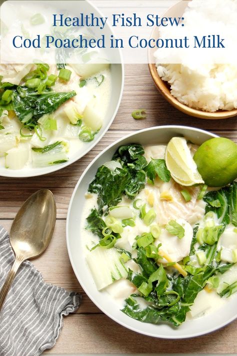 A lovely, simple, and beautiful fish stew recipe for dinner. Healthy cod gets gently poached in coconut milk, ginger, shallot, garlic, and other fragrant ingredients and topped with bok choy. Ladle over rice for a special new dinner idea that takes no time to make. Adapted from Colu Henry. . . . . . #fish #stew #coconutmilk #chowder #fishrecipes #codfishrecipes #dinnerrecipes #dinnerideas #healthydinnerrecipes #coconutmilkrecipes Fish Recipes With Coconut Milk, Poached Fish Recipes, Raw Fish Recipes, Milk Fish, Fish Stew Recipes, Cod Fish Recipes, Coconut Fish, Coconut Milk Recipes, Fish Stew