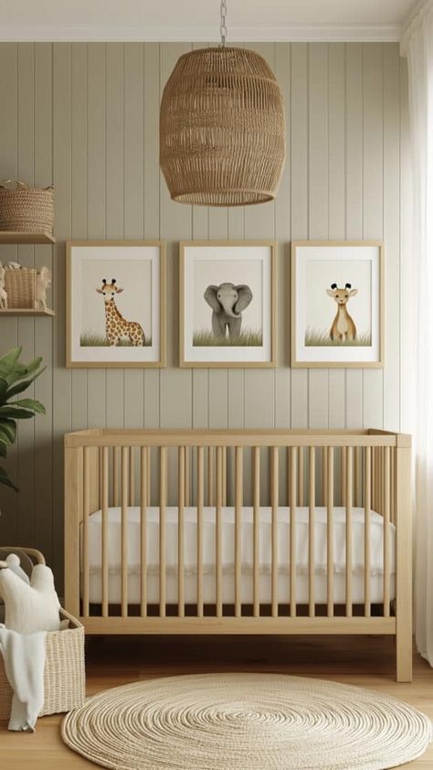 Neutral safari-themed baby boy nursery with wooden accents and animal artwork. Baby Boy Safari Nursery, Boy Safari Nursery, Neutral Safari Nursery, Boy Animal Nursery, Neutral Boy Nursery, Baby Boy Nursery Ideas, Safari Nursery Boy, Boy Nursery Ideas, Baby Safari Nursery