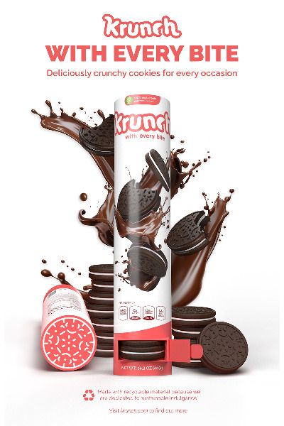 Krunch is a cookie brand created as a competitor to Oreo and a solution to current cookie packaging. Through my research, I found that most people surveyed disliked Oreo's current seal method. Krunch incorporates a different type of closure that is airtight, easy to use, and durable. With a clear opening indicator at the front, this packaging incorporates an angled bottom allowing for the cookies inside to easily slide out. Oreo Packaging Design, Cookie Packaging Design, Unique Packaging Design, Adobe Dimension, Cookies Branding, Crunchy Cookies, Cookie Packaging, Unique Packaging, 3d Modeling