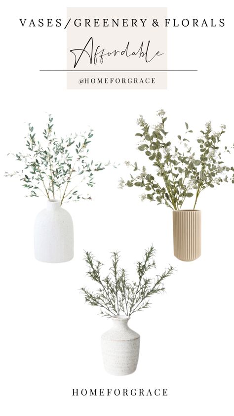 Vases faux greenery Greenery Vase Decor, Cream Vase Decor, White Vases With Greenery, Clear Vase With Greenery, Faux Greenery For Vase, Faux Greenery In Vase, Greenery In Vases, Best Faux Greenery Stems, Faux Stems In Vase