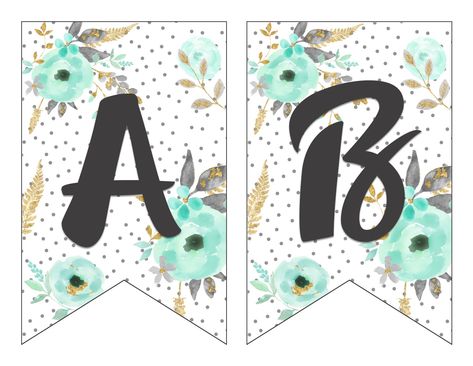 Free Printable Alphabet Banner Mint and Gold | Free Printable Letters for Banners | Free Printable Banner Letters Mint | Free Printable Banner Alphabet Mint | Decorating for your next party is easy when you download this gorgeous mint & gold floral alphabet banner on the Six Clever Sisters blog!! Printable Banner Template, Free Printable Banner Letters, Printable Letter Templates, Happy Birthday Banner Printable, Free Printable Alphabet, Printable Birthday Banner, Printable Banner Letters, Birthday Banner Template, Diy Birthday Banner