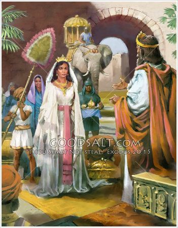 Queen of Sheba.  The queen visits King Solomon.  1 Kings 10.  Kandake or Candace, Queen of Saba.  Candace was the title of a line of Ethiopian queens/rulers. Queen Sheba Ethiopian, Biblical Pictures, African Kings, Biblical Images, Psalm 133, Hebrew Clothing, Vintage Drawings, Biblical Stories, King Pic