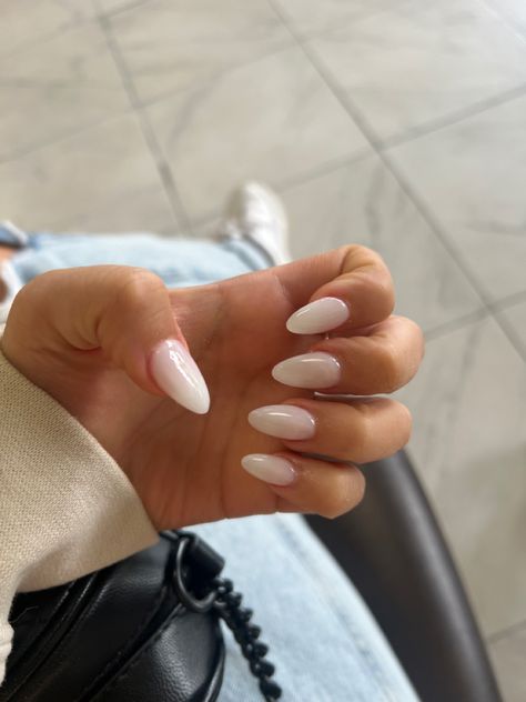 Opaque White Almond Nails, Cloudy White Acrylic Nails Almond, Creamy White Almond Nails, Milky White Powder Nails, Almond Milk White Nails, White Foggy Nails, Milk Nails Almond, Milk Almond Nails, Marshmallow White Nails