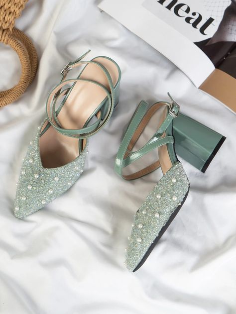 Rhinestone Decor Chunky Heeled Ankle Strap Pumps | SHEIN USA Green Heels Outfit, Mint Green Heels, Kids Heels, Mint Green Dress, Green Heels, Heels Outfits, Girly Shoes, Pointed Heels, Rhinestone Decor