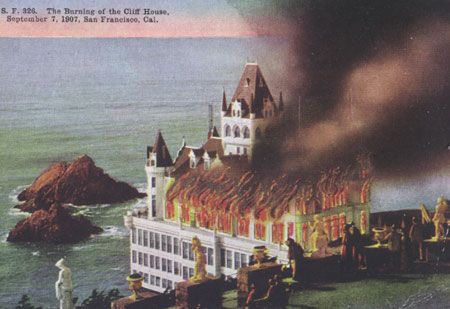 Cliff House burning Cliff House San Francisco, California Postcard, Cliff House, American Houses, The Cliff, California Dreamin', House Fire, Grand Hotel, Vintage Postcard