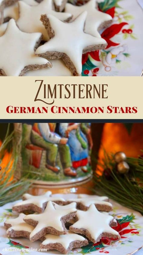 Zimtsterne, or German Cinnamon Star cookies, are a light, gluten free cookie which make fabulous culinary gifts and keep for weeks. German Christmas Cookies Traditional, German Christmas Desserts, Cinnamon Star Cookies, German Treats, Cinnamon Christmas Cookies, Cinnamon Stars, Christmas Party Menu, Food Authentic, Gluten Free Cookie