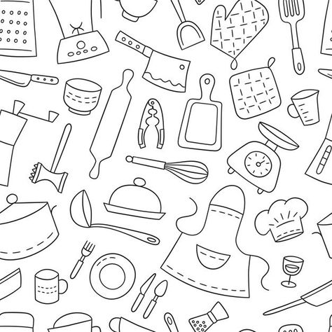 Kitchen tools and tableware. cook. seaml... | Premium Vector #Freepik #vector #pattern #line #kitchen #doodle Kitchen Tools Wallpaper, Baking Tools Illustration, Cooking Doodles, Kitchen Doodles, Vector Kitchen, Line Kitchen, Cooking Equipment, Seamless Textures, Hand Drawn Vector