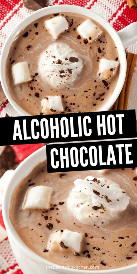 Tipsy Hot Chocolate, Liquor Hot Chocolate, Hot Chocolate Spiked Recipe, Boozie Hot Cocoa, Crockpot Hot Chocolate With Alcohol, Hot Cocoa With Alcohol, Alcoholic Chocolate Drinks, Hot Chocolate With Whiskey, Hot Chocolate With Alcohol Recipes