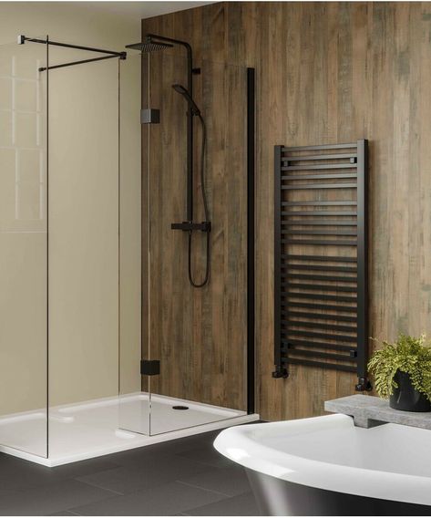 What are the best shower wall panels | Topps Tiles Wooden Panelling Walls Bathroom, Wood Shower Walls, Wood Panel Bathroom, Grey Tile Pattern, Laminate Wall Panels, Wet Room Tiles, Laminate Wall, Wooden Panelling, Silver Tile