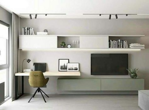 Office Desk And Tv Unit, Tv Furniture With Desk, Tv Wall With Office Desk, Tv Unit With Desk, Tv And Desk Wall Unit, Desk Tv Wall, Tv Desk Living Room, Modern Home Offices, Study Room Design