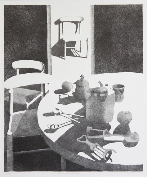 Still Life with Apples by Velma Adams1977 lithograph Done late in the artist's career this graphic still life image uses black and grays to create the image, a Notan approach, using the white of the paper as contrast. The tabletop and chairs blend together leaving the eye of the viewer to create the separations. Etching Still Life, Expressionist Still Life, Still Life With Apples, Life Image, Still Life Images, Craft Printing, Salon Style, Black And White Illustration, Abstract Expressionist