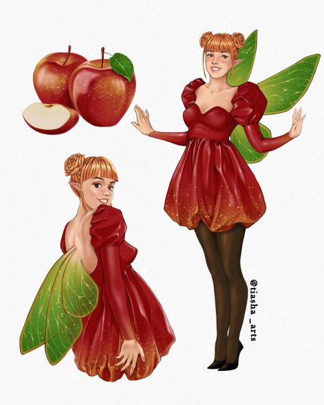 So this is my entry for the Huion personification drawing contest - " Huion Fruit 2024" by @huiontablet . Participants were supposed to personify a fruit and design a character based on that. So I chose to design a character based on apple🍎. You can call her Apple Fairy😅🧚‍♂️. Well I hope overall she pretty much resonates with the fruit, and in case you're wondering why her buns look like roses, well I tried to design them based on apple rose tarts lol.. #huionfruit #huionfruit2024 #humanart... Apple Character Design, Fruit Character Design, Apple Rose Tarts, Fairy Well, Fruit Fairy, Design A Character, Apple Rose Tart, Apple Rose, Why Her