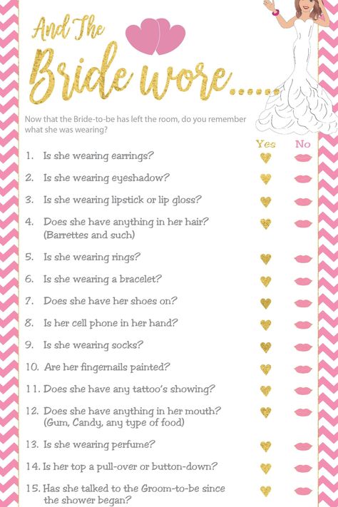 What Was She Wearing Bridal Shower Game, Hens Games, Bridal Shower Questions, Bridal Shower Games Funny, Wedding Trivia, Bridal Party Games, Disney Bridal Showers, Gift Tracker, Fun Bridal Shower Games