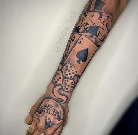 Lifes A Gamble Tattoo, Arm Tattoos Lettering, Arm Tattoos Black, Arm Tattoos For Guys Forearm, Half Sleeve Tattoo Stencils, Sleeve Tattoos For Guys, Black Men Tattoos, Best Neck Tattoos, Hard Tattoos