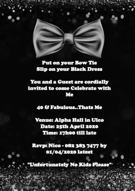 Black tie birthday party invitation Black Tie Party Invitations, Black Tie Birthday Invitations, Black Tie 21st Birthday Party, Black Tie Birthday Party Attire, Black Tie 40th Birthday Party, Black Tie Birthday Party Ideas, Black Tie Theme Party, Black Tie Birthday, Black Tie Birthday Party