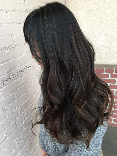 Dark rick chocolate mocha and caramel melted baby lights Balayage, that sound delicious 🤷‍♀️ wait we are talking about her hair color 💁‍♀️ @junery.v you are rocking that hair girl. @olaplex @affinageaustralia @matrix #mlzhairandmakeup #chocolatehair #balayagehighlights #caramelbalayage Dark Mocha Balayage, Dark Brunette With Dark Highlights, Mocha Brown Balayage On Black Hair, Brown Baby Lights On Black Hair, Dark Hair With Baby Highlights, Baby Lights Dark Hair, Babylights Black Hair, Caramel Brown Highlights On Black Hair, Subtle Highlights For Black Hair