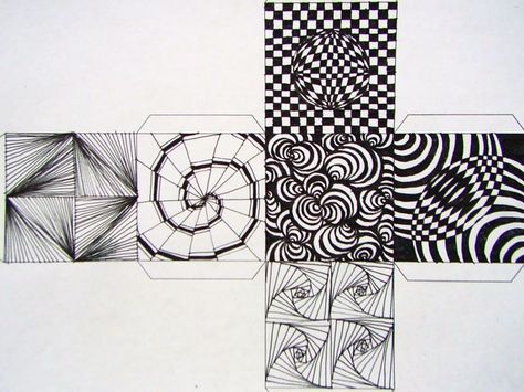 Picture Zentangle Projects, Op Art Lessons, Cube Template, Classe D'art, 7th Grade Art, Art Cube, High School Art Lessons, 8th Grade Art, Art Pinterest