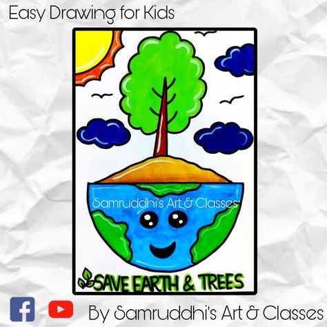 Save Trees Drawing, Save Mother Earth Poster, Swachh Bharat Drawing Ideas, Tree Drawing For Kids, Earth For Kids, Simple Bird Drawing, Easy Drawing Ideas For Kids, Save Earth Drawing, Save Water Poster Drawing