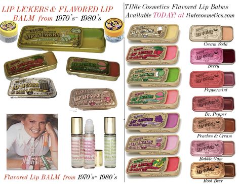 Village Lip Lickers flavored lip balm then and now.  We at TINte Csmetics have brought them back in all the delicious flavors you remember. They are exactly like the Village Lip Lickers we all had as kids but made now made with Organic, Natural Ingredients. Find many more delicious flavors on our site plus Kissing stick flavored lip balms & Rollerball Lip Potions just like the Kissing potion we all used but now made with organic and natural ingredients. Vintage Lip Balm Tin, Lip Lickers Lip Balm, Vintage Lip Balm, Lip Lickers, The Balm Cosmetics, Lip Pencil Colors, Makeup Recipes, Lip Gloss Homemade, Lip Balm Collection