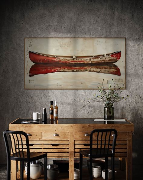 Add a touch of rustic charm to your home with this "Vintage Canoe Art" print. This beautiful piece features a weathered red canoe, reflecting serenely on still waters. Perfect for lake house decor, it captures the relaxing essence of a calm, nautical setting. The vintage design and rustic details make it an ideal gift for those who love the great outdoors and appreciate charming home decor. This wall art is ready to hang and will enhance any room with its timeless appeal. 👋 IMPORTANT NOTICE FOR Vintage Lake Cabin Decor, Vermont Decor, Rustic Lodge Wall Decor, Mid Century Modern Cabin Decor, Cabin Wall Decor Ideas, Traditional Rustic Interior Design, Lake House Cabin Decor, River Home Decorating Ideas, Mountain Home Decorating Ideas