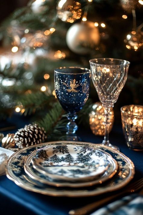 Blue Christmas Tablescapes, Christmas Table Blue, Blue Christmas Table Decor, Blue And White Christmas Table, Blue Christmas Table Setting, New Year Tablescape, Christmas Tablescapes Elegant, Christmas Hosting Ideas, Traditional Christmas Table