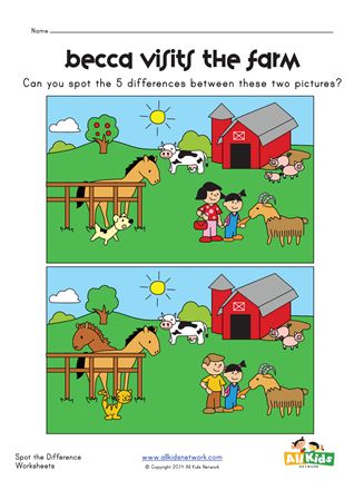 Spot the Difference on the Farm Worksheet | All Kids Network Farm Worksheet, Spot The Difference Kids, Spot The Difference Printable, Printable Road Trip Games, Sequencing Activities Kindergarten, Find The Difference Pictures, Find The Differences Games, Comprehension Kindergarten, Toddler Printables