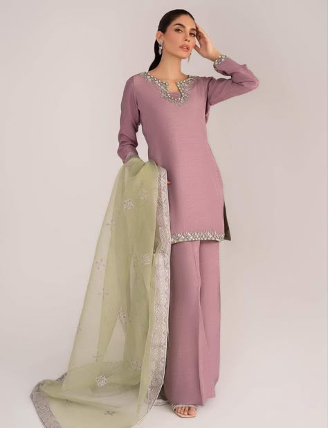 Purple Work, Katan Silk, Organza Dupatta, Flared Pants, Kurta Set, Medium Length, 3 Piece, Silk