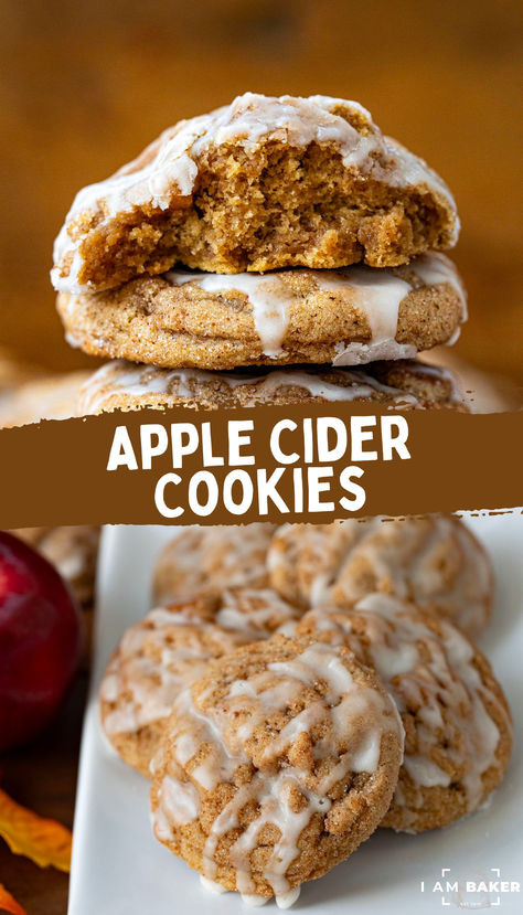 f you are looking for a cookie to take you right into Fall, look no further than these Apple Cider Cookies! They are soft and chewy, made with apple pie spice and apple cider, coated with a sugar and apple pie spice mixture, then topped with a sweet, apple cider glaze. Apple Cider Toffee Cookie, Apple Pie Spice Cookies, Apple Cider Snickerdoodle Cookies, Recipes Using Apple Cider, Apple Cider Recipes, Cider Cookies, Apple Cider Cookies, Apple Cider Glaze, Specialty Cookies