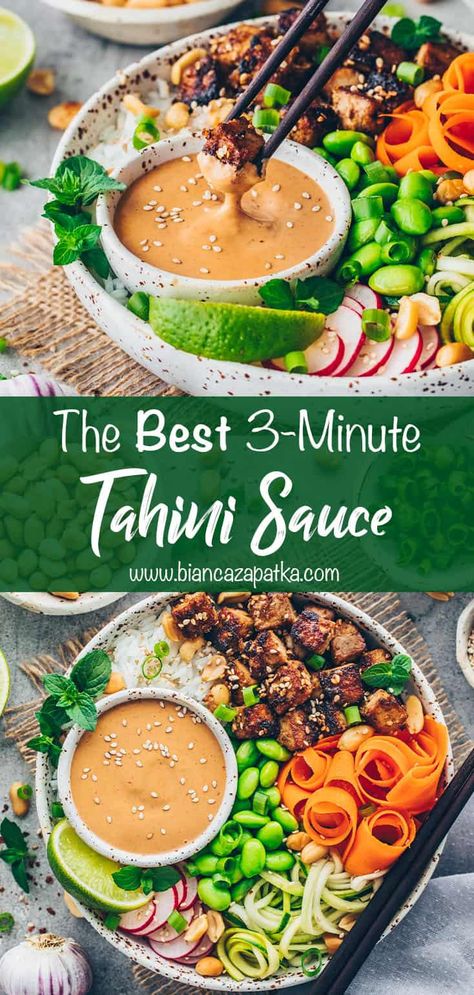 Falafel Bowls, Tahini Salad Dressing, Tahini Sauce Recipe, Tahini Dressing Recipe, Healthy Bowl, Tahini Recipe, Vegan Dressing, Vegan Dip, Vegan Sauces