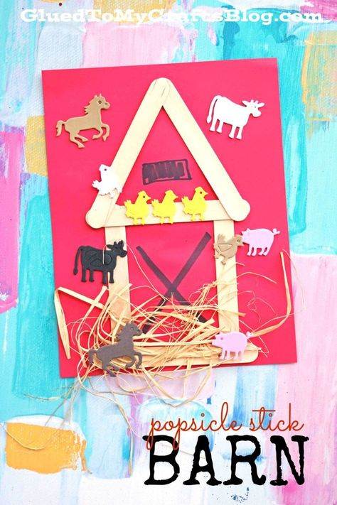 Mixed Media Popsicle Stick Barn - Kid Craft Preschool Farm Crafts, Farm Activities Preschool, Barn Crafts, Farm Animals Preschool, Farm Lessons, Farm Theme Preschool, Farm Animal Crafts, Farm Craft, Farm Unit