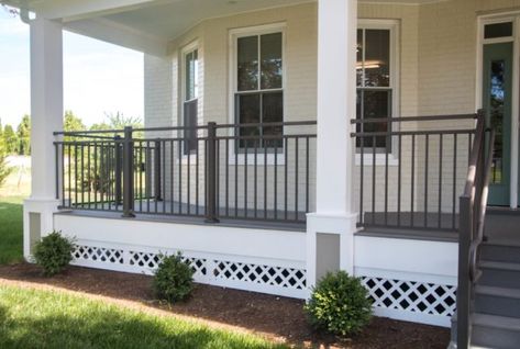 Black Rod Iron Railing Front Porch, Black Outdoor Railing Front Porches, Metal Railing Front Porch, Aluminum Railing Front Porches, Porches With Black Railings, Front Porch Steel Railing Ideas, Front Porch Metal Railing Ideas, Black Front Porch Railing, Black Railing Front Porch