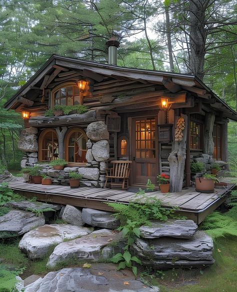 Cabin On Pond, Wooden Lodge, Fantasy Settings, Stone Cabin, Mind Design, Mountain Cabins, Log Cabin Rustic, Forest Cottage, Small Log Cabin