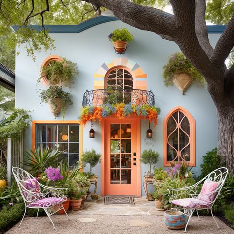 Mexico Homes Hacienda Style, Funky Exterior House, Colourful House Exterior, Colorful Exterior House, Eclectic House Exterior, Colorful Mexican House, Boho House Exterior, Paint Color Ideas, House Color Palettes